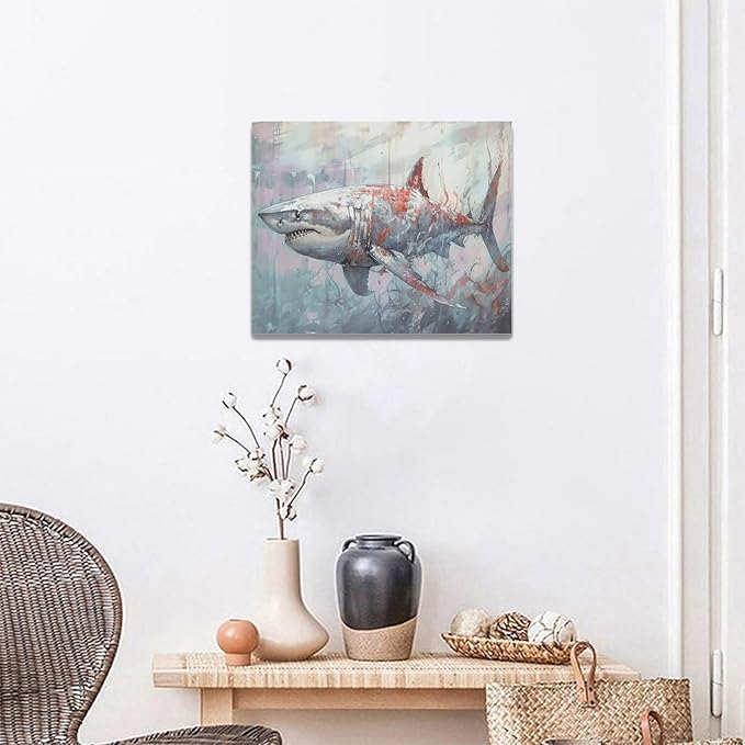 yerretin Ocean Shark Wall Art Nautical Shark Pictures Wall Decor Beach Coastal Undersea Canvas Painting Modern Artwork Home Decorations for Bathroom Bedroom Living Room Office Framed 20"x16"