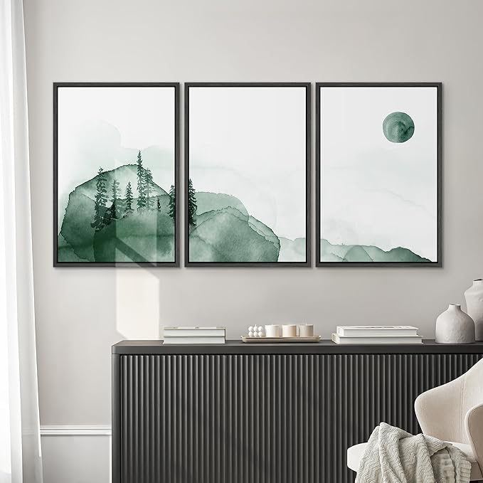 SIGNWIN 3 Piece Framed Canvas Wall Art Green Watercolor Landscape with Moon Nature Wilderness Illustrations Abstract Traditional Home Artwork Decoration for Living Room,Bedroom - 24"x36"x3 Black