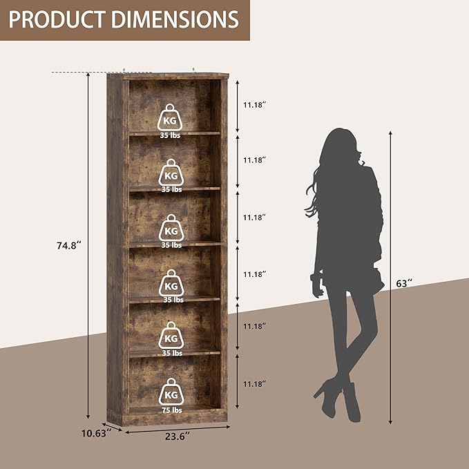 Tall Bookshelf, 6-Tier Bookcase with 2 Adjustable Shelves, Modern Farmhouse Storage for Living Room, Entryway, Office, 23.6" W x 74.8" H x 10.6" D, Brown