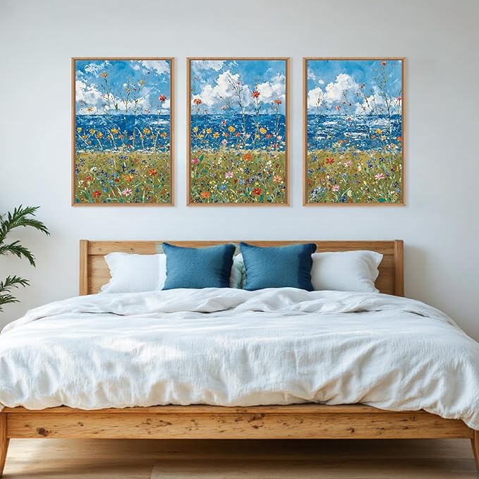Large Blue Seaside Wildflower Framed Canvas Wall Art,Modern Nature Ocean Wall Decor,Rustic Sky Printing,White Cloud Landscape Artwork for Living Room,Bedroom,Dining Room-24"x36"x3