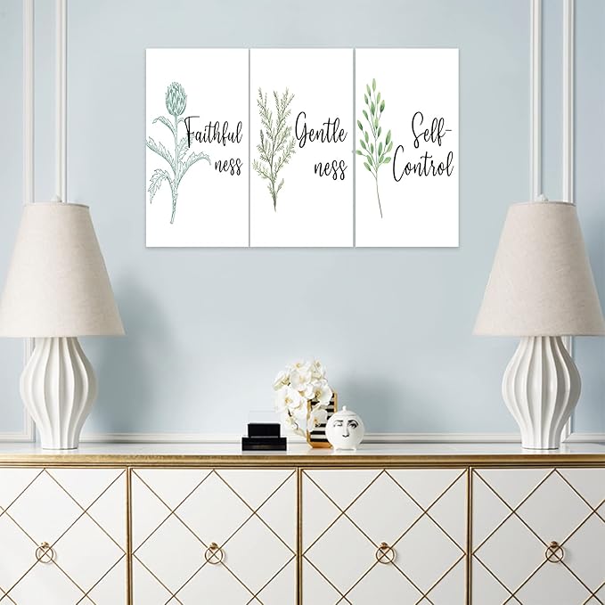 3 Piece Inspirational Wall Art, White Plant Background Picture, Quote "Faithfulness Gentleness Self-control" Canvas Print for Home Decor, Stretched And Framed Artwork for School Wall Decor(36"Wx18" H)