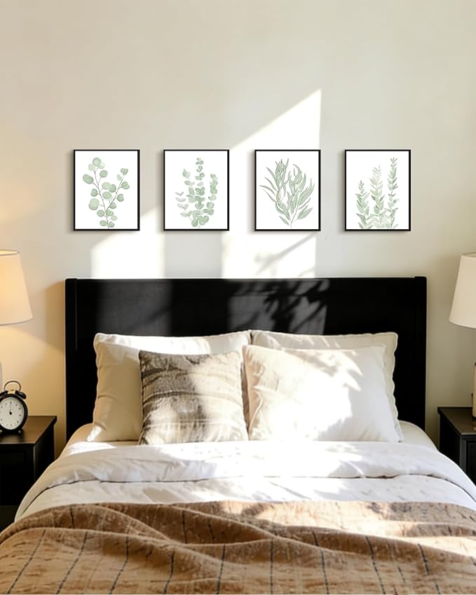 Drsoum Framed Botanical Plant Canvas Wood Wall Art Light Green Sage Wall Decor Eucalyptus Leaf Picture for Home 8”x 10” x 4pcs Black Framed