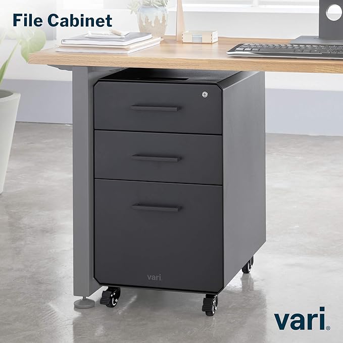 Vari Three Drawer File Cabinet - Mobile Filing Cabinet for Home or Office - Hanging File Storage - Lockable Drawers with Heavy-Duty Steel and Rolling Casters - Charcoal Grey