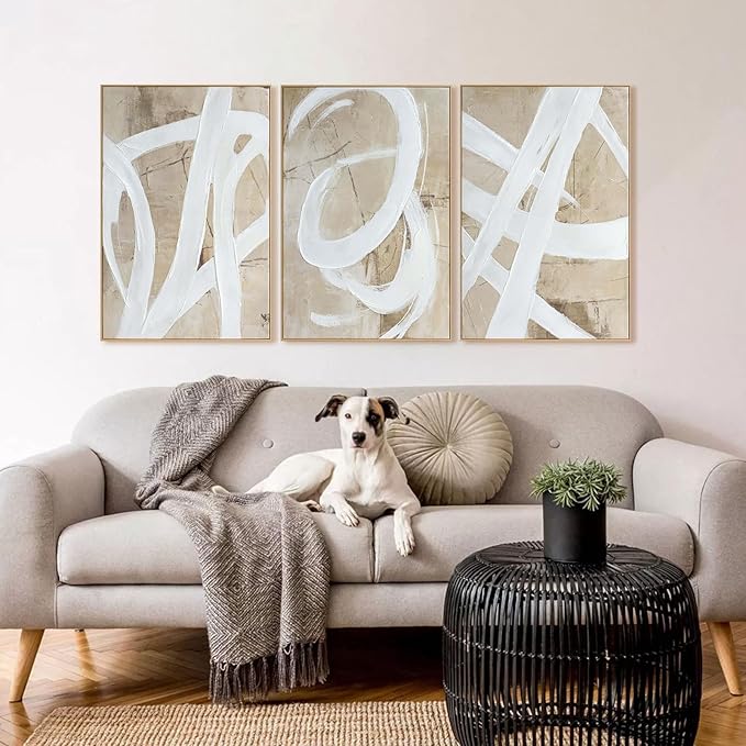 Zessonic Neutral Abstract Wall Art Minimalist White Brown Pastel Paint Strokes Shapes Textured Framed Wall Decor Large Canvas Paintings- Living Room Bedroom Office Modern Neutral 24"x36" 3 piece