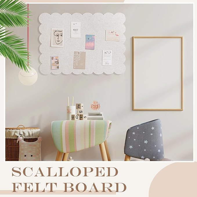 Scalloped Felt Bulletin Board 36 x 24 Inches Foldable Beige Pin Cork Board Alternative for Wall, 3' x 2' Trifold Picture Vision Self Adhesive Bulletin Decorative
