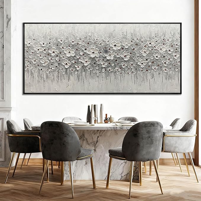 SDYA Large Floral Wall Art, 32"x70"Hand Painted White Flower Canvas Painting With Frame,Modern Minimalist Abstract Artwork for Living Room Bedroom Hallway Home Decor