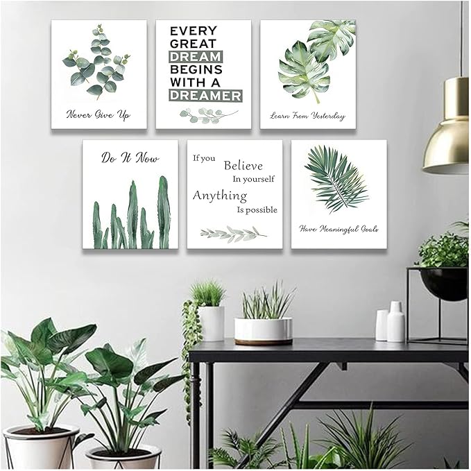 6 pcs Office Inspirational Botanical Canvas Wall Art Eucalyptus Leaves Sage Motivational Quotes Painting Picture Wall Decor Never Give Up Poster Print Artwork For Classroom Bedroom Home Decoration