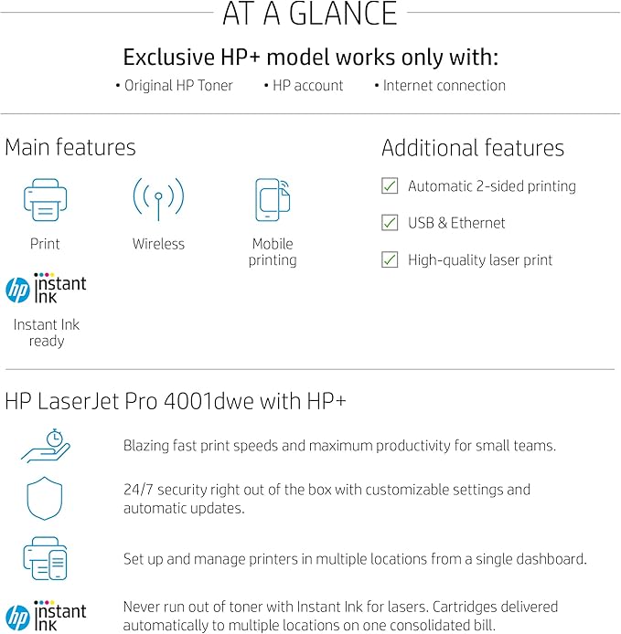 HP LaserJet Pro 4001dwe - High-Speed Wireless Printer for Home Use with HP+ Smart Office Features Monochrome, 1.2 GHz - 495 WattPerfect for All-in-One Printing Needs - 2Z601E#BGJ (Renewed)