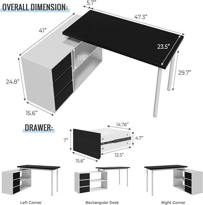 L Shape Small Desk - Computer Corner Desk with 3 Drawers and 2 Shelves, 53 inch Home Office Table with Storage Cabinet for Gaming Writing Study, White+Black
