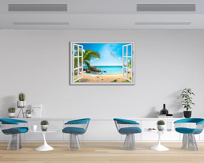 Large Beach Pictures Wall Art Canvas Print Artwork Blue Ocean Palm Tree Seascape Decor Living Room Bedroom Office with Framed 32 x48
