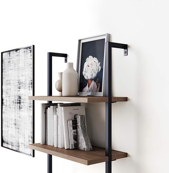 Nathan James Theo 5-Shelf Wood Modern Bookcase, Open Wall Mount Ladder Bookshelf with Industrial Black Metal Frame, Reclaimed Oak, Set of 2