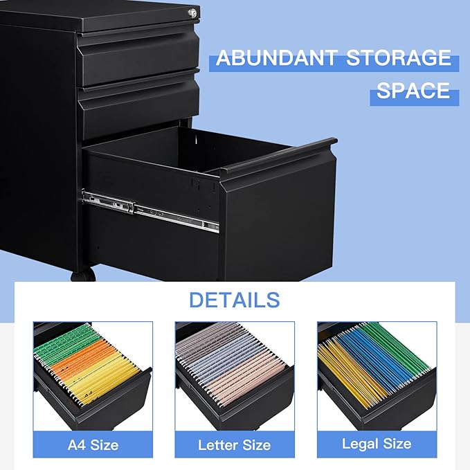 Yizosh 3 Drawer Mobile File Cabinet with Lock, Black Under Desk Rolling Filing Cabinet, Metal Locking File Cabinet on Wheels for Legal/Letter/A4 File (Required Assemble)