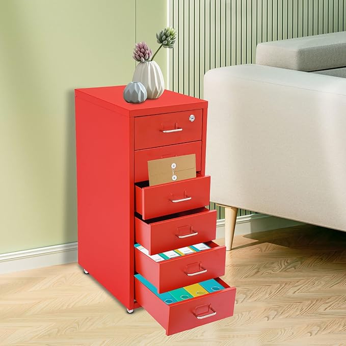 6-Tier Metal File Cabinet with Wheels and Lock, Filing Cabinet for Home Office, Metal Filing Storage Cabinets with Handle for Office Home, Easy Assemble