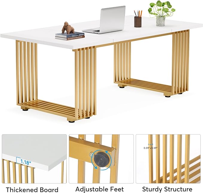 Tribesigns 70.9" Modern Office Desk, Wooden Computer Desk, White Executive Desk with Gold Metal Legs, Large Workstation for Home Office, Study Writing Desk, Small Conference Table for Meeting Room