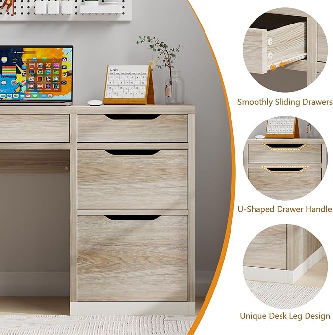 Small Desk with Drawers, 52 Inch Home Office Desk with Storage for Bedroom, Computer Desk with Filing Drawer for Small Space, Walnut