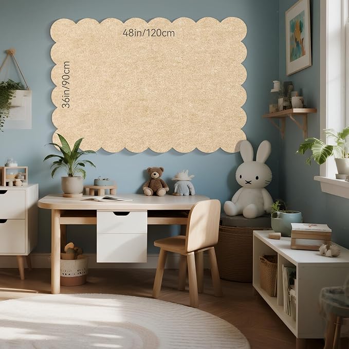 Scalloped Bulletin Board, 48 x 36 Inches Felt Pin Board - Decorative Cork Alternative for Wall, Foldable Picture Self-Adhesive Vision Prayer Board with 20 Pushpins - Beige Brown