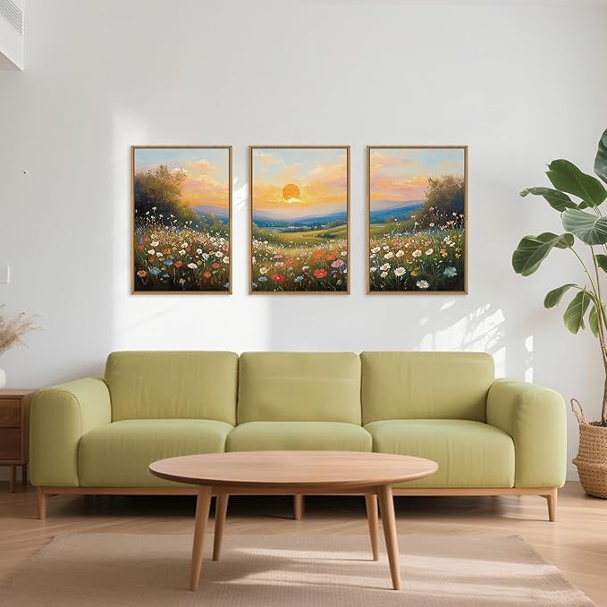 HOURIA Watercolor Spring Floral Meadow Landscape Framed Canvas Wall Art Set,Boho Vibrant Colorful Wildflower Decor,Modern Sunset Nature Inspired Scenery Artwork for Living Room,Bedroom,Farmhouse-16"x24"x3