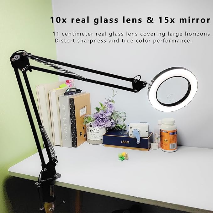 10X Magnifying Glass Lamp Ultra Long 3-Section Swing Arm with Light and Stand, Desk Lamp 5 Color Modes LED Super Bright Daylight, Arm Lighted Magnifying Lamp for Workbench, Crafting, Hobby (Black)