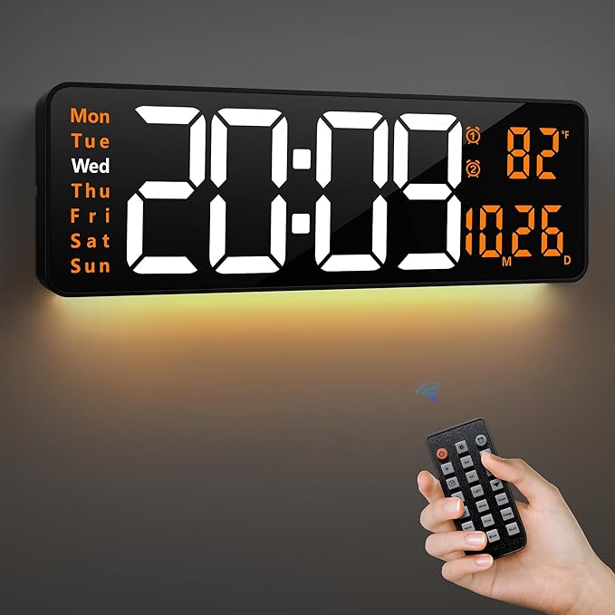 LEIKE 16.2'' Large Digital Wall Clock with Remote Control, Big LED/Dual Alarm/8 RGB Colors/Auto Brightness/Date/Auto DST/Temperature/Night Light Gym Clocks for Living Room Bedroom Office Wall Decor