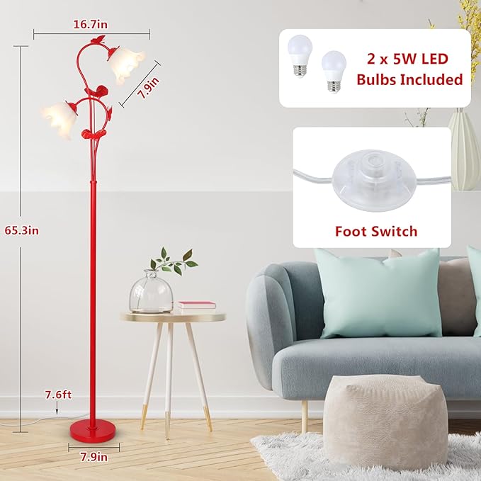 HMVPL Red Floor Lamp for Living Room, Flower Standing Lamp with 2 LED 5W Blubs, Foot Switch, Floral Tall Lamp with Acrylic Shade, Antique Lotus Flower Floor Lamp for Living Room Office Reading