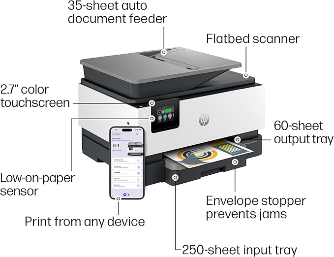 HP OfficeJet Pro 9125e Wireless All-in-One Color Inkjet Printer, Print, scan, copy, fax, ADF, Duplex printing best-for-office, 3 month Instant Ink trial included, AI-enabled (Renewed)
