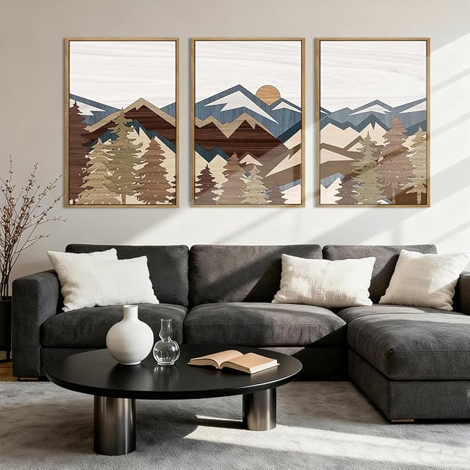 BINCUE Large Boho Mountain Canvas Wall Art Set of 3,Woodcut Sun Forest Canvas Wall Decor,Vintage Mountain Artwork Abstract,Pine Tree Landscape Painting for Living Room Bedroom Office 24x36 Inch Gift