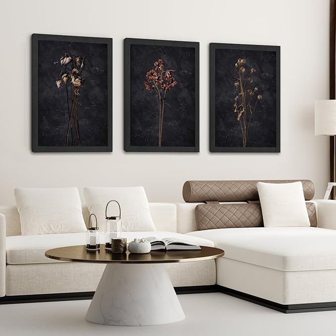 3 Piece Black Framed Dried Flower Wall Art Set Modern Minimalist Wall Decor For Living Room Bedroom Home Decoration Art Prints 16x24 Inches Wood Framed Easy to Hang
