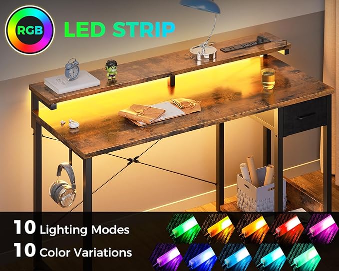AODK Gaming Desk with LED Lights & Power Outlet, 48 Inch Computer Desk with Drawers, Reversible Small Desk with Monitor Stand & Headphone Hook for Home Office, Rustic Brown