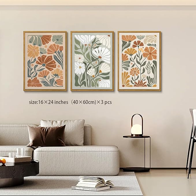 KISSFOX Framed Canvas Wall Art Abstract Floral Botanical Print Set of 3 Green Beige Wildflower Flower Market Paintings Boho Modern Minimalist Pictures Decor Bedroom Bathroom Living Room 16"x24"