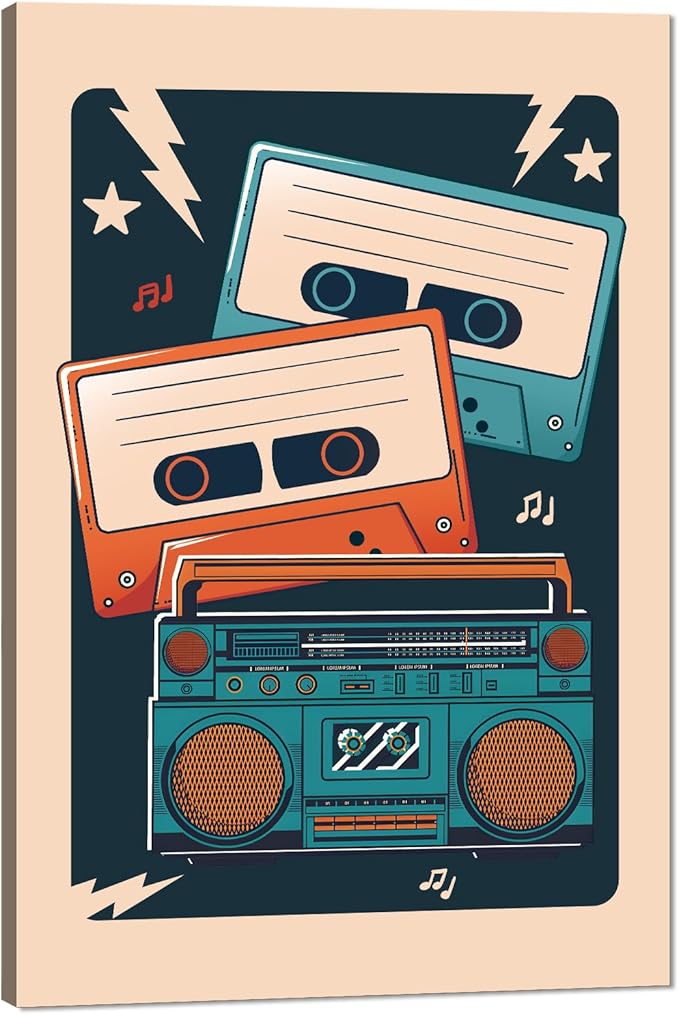Vintage Music Canvas Wall Art - Retro Cassette Player Painting Mid Century Prints Poster Musical Artwork Pictures Wall Decor for Living Room Room Studio Bedroom Home, Framed & Stretched 24" x 36"