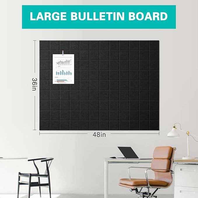 Large Cork Board, 12 Pack Felt Wall Tiles with Safe Removable Adhesive, Bulletin Board for Office, Pin Tack Corkboard for Quilting Design & Dart Wall Protector 48" x 36" - Black