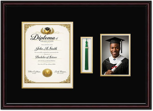 CountryArtHouse Diploma Tassel and Photo Shadowbox Fits 8.5 x 11 Certificate (Portrait) with Tassel Hook Executive Brown Genuine Hardwood with Black Over Metallic Gold Double mat