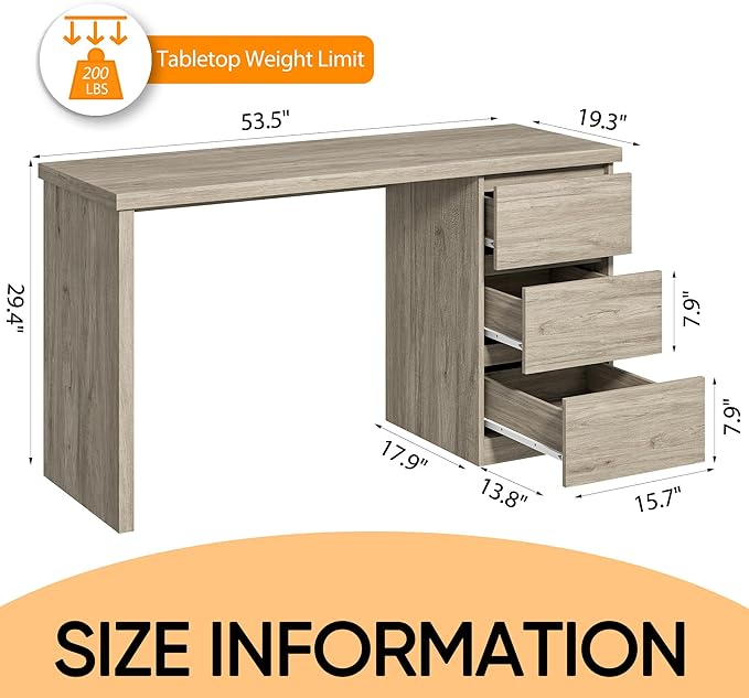 furtble Computer Desk with Drawers, 53.5 inches Wood Work Desk, Home Office Desk Workstation with Storage, Farmhouse Computer Table for Bedroom, Living Room, Grey Oak