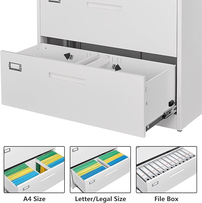 Metal 3 Drawer Lateral File Cabinet with Lock, Wide&Deep Filing Cabinet for Letter/Legal/F4/A4 Hanging Files, Includes Business Card Holder, Home Office School Storage