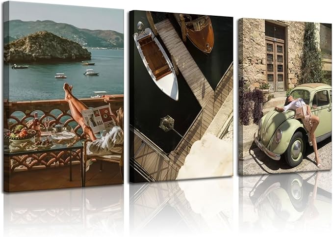 3Pcs Mediterranean Coastal Canvas Wall Art Vintage Italian Travel Photography Pictures Wall Decor Beach Vacation Lifestyle Posters Prints for Living Room Bedroom Office Home Decoration Prepare to hang