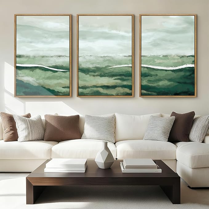 ANHUIB Green Wall Art 16x24 Inch Large Canvas Wall Art Abstract Watercolor Wall Decor Misty Landscape Art Prints Framed Neutral Paintings Set of 3 for Living Room Bedroom Ofice