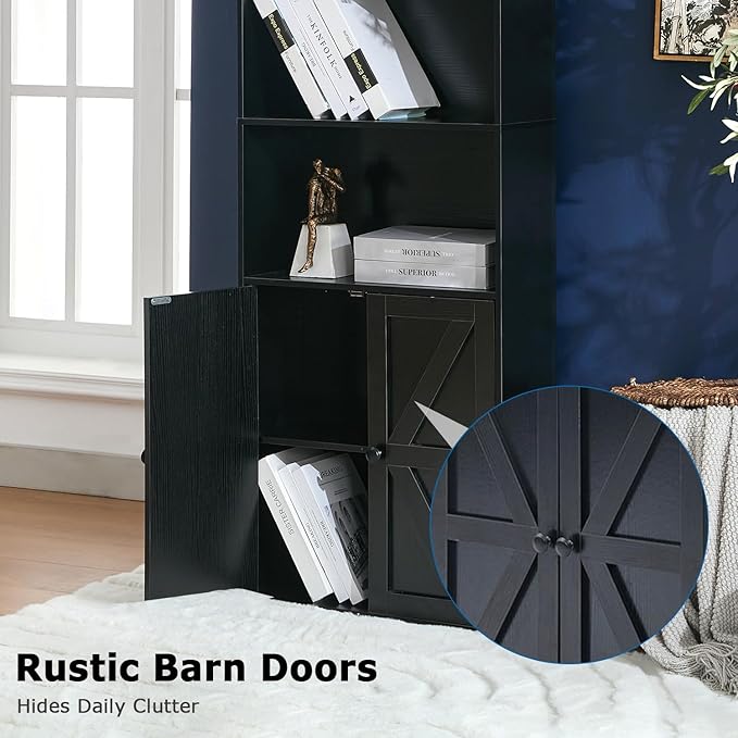 Bookshelves and Bookcases with Barn Doors, Farmhouse Bookshelf with Display Shelves, Floor Standing 5-Tier Book Shelf with Storage Cabinet for Home Office, Living Room, Bedroom, Black