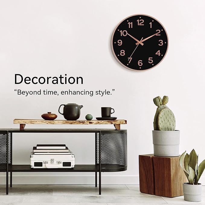 Wall Clock 12 Inch Silent Wall Clocks Battery Operated-Modern Non Ticking Analog Clock Decorative for Kitchen Bedroom Office (Black Rose Gold)