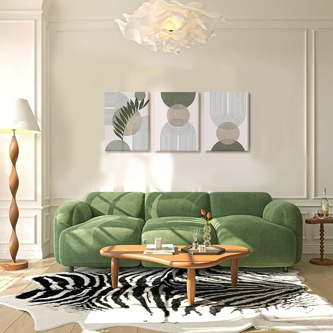 NCCXNCC 3Pcs Modern Geometric Canvas Wall Art Bohemian Style Green Abstract Wall Decor Art Minimalist Line Leaf Posters Print Suitable for Living Room Bedroom and Office Decoration 16x24 Inch Framed