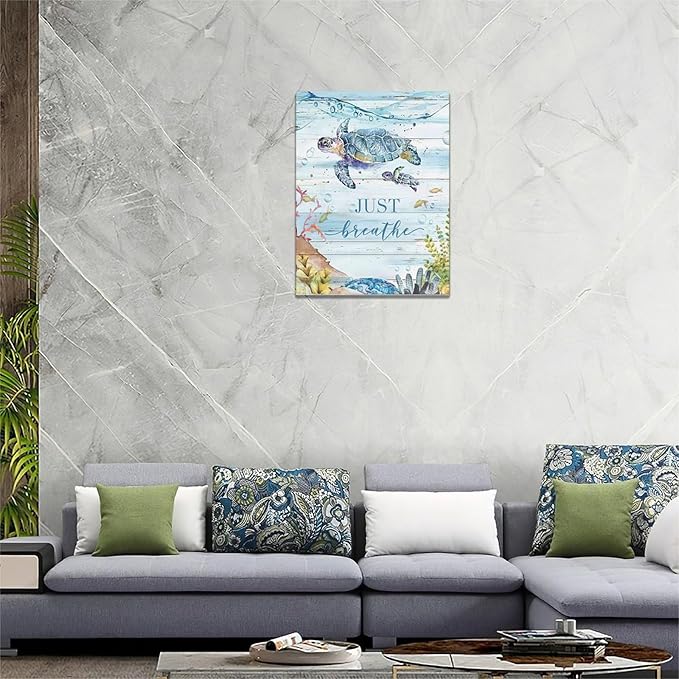 Ocean Sea Turtle Wall Art Nautical Just Breathe Pictures Wall Decor Beach Seaweed Canvas Coastal Painting Modern Artwork Home Decoration for Bathroom Living Room Bedroom Office Framed 12"x16"