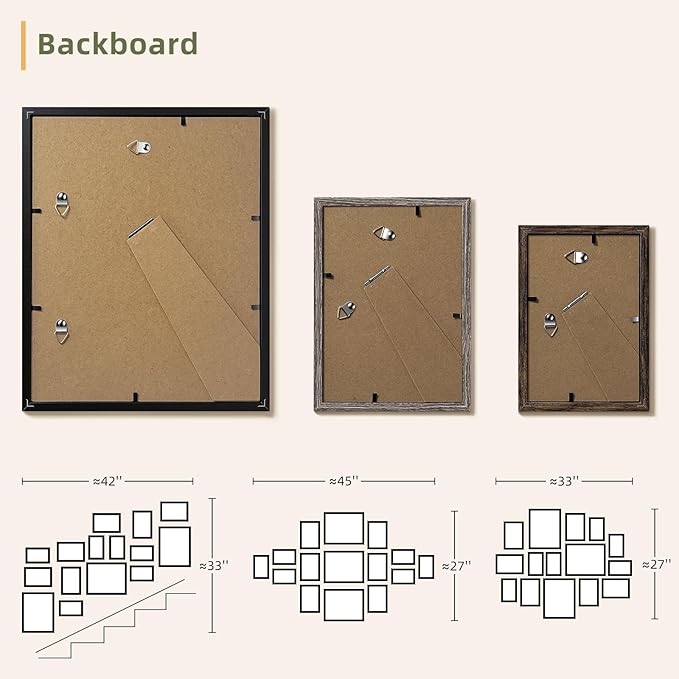 HappyHapi 15 Pack Picture Frames Collage Wall Decor, Gallery Frame Set for Mounting or Tabletop Display, Multi Sizes Including 3Pcs Black 8x10, 6Pcs Gray 5x7, 6Pcs Brown 4x6
