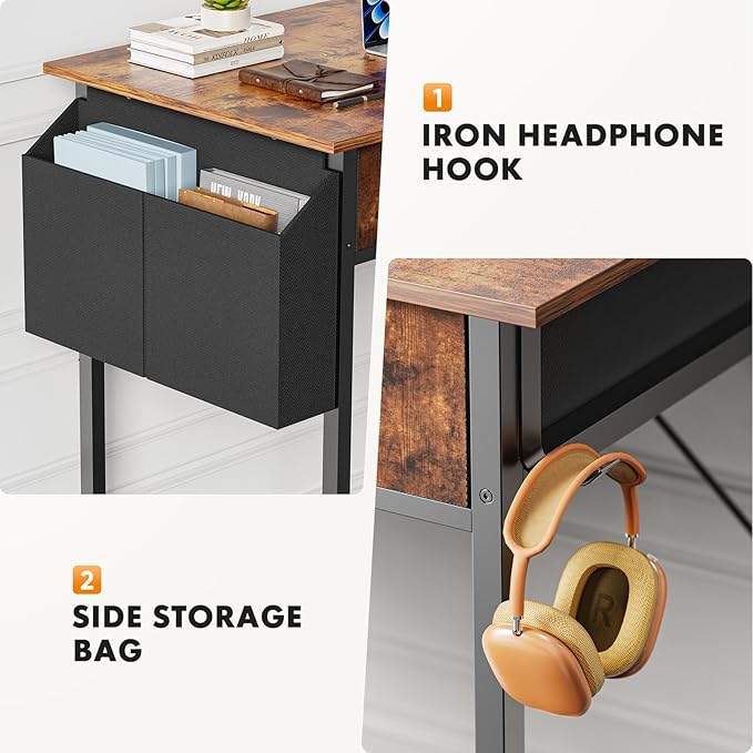 Sweetcrispy Computer Desk Small Home Office Bedroom Writing Study PC Tabke with Storage Space Fabric Side Bag Headphone Hook Metal Frame Adjustable Feet Modern Simple Style