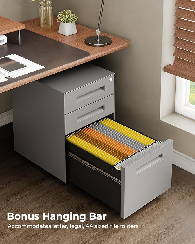 Dripex 3 Drawer File Cabinet, Mobile File Cabinet with Lock on Wheels, Letter/Legal Size, Fully Assembled, Modern Small Short Vertical Metal Rolling Filing Cabinets Under Desk for Home Office (Grey)