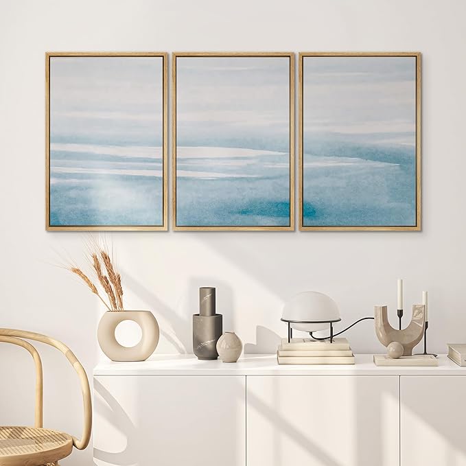 SIGNWIN 3 Piece Framed Canvas Wall Art Blue Sky Watercolor Nature Wilderness Illustrations Abstract Traditional Relax/Calm Home Artwork Decoration for Living Room,Bedroom - 16"x24"x3 Natural