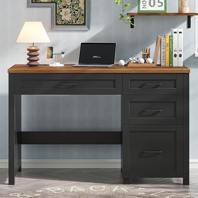Vabches Farmhouse 47" Executive Desk with 4 Drawers, Computer Desk with File Drawer and Charging Station, Workstation for Home Office, Study.Black Brown