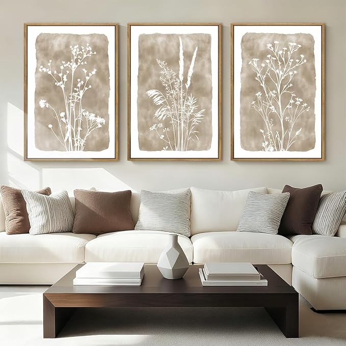 ANHUIB Extra Large Beige Floral Wall Art 24x36 Inch Neutral Floral Wall Decor Vintage Flower Artwork for Living Room Bedroom Office Set of 3
