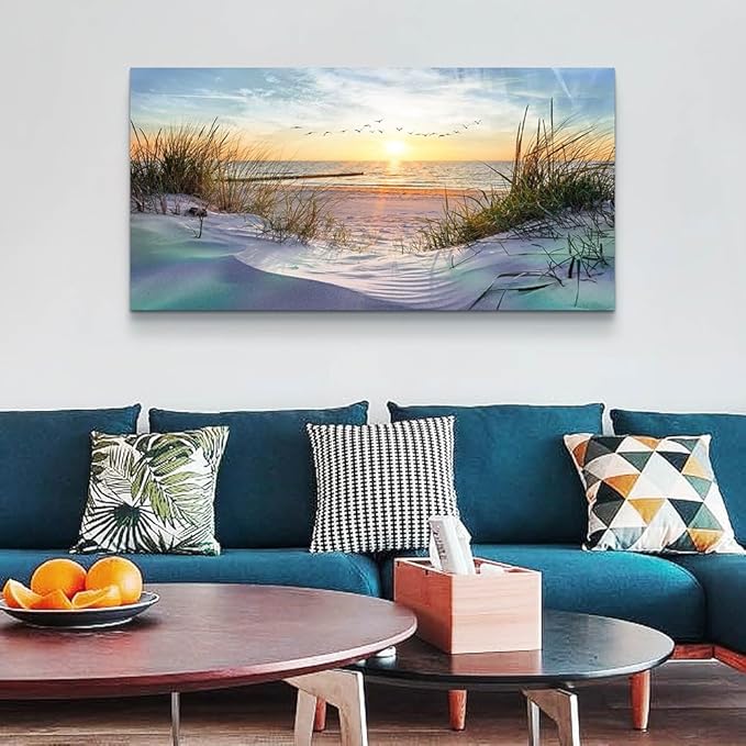 Wapluam Large Wall Art For Living Room Canvas Wall Decor For Bedroom Office Decorations Sea Beach Scenery Wall Paintings Prints Artwork Ocean Seascape Pictures Modern Home Decor Art Work 48X24 in