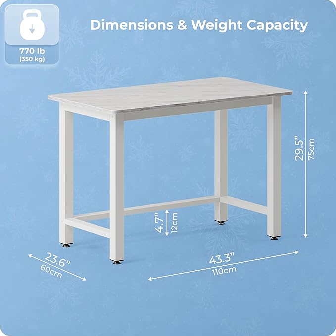 43" Home Office Desk Modern Computer Desk 43.3x23.6x29.5 inches PC Table with Thicken Frame Industrial Style Sturdy Metal Frame Furniture for Writing Gaming Marble White+White