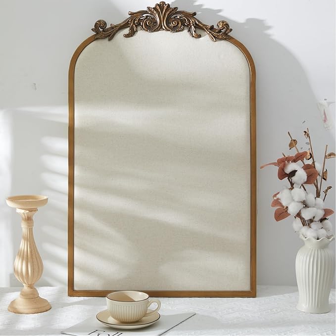 Vintage Framed Pin Board Linen Display Bulletin Board Large Cork Fabric Picture Photo Pinboard Memo Ornate Decorative Pinboard Ornate for Wall Gift(Arch,19" X 31",Retro Golden)