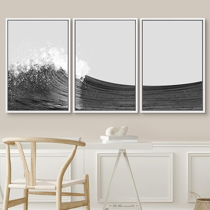 SIGNWIN 3 Piece Framed Canvas Wall Art Black and White Ocean Waves Nature Wilderness Illustrations Abstract Traditional Relax/Calm Home Artwork Decoration for Living Room,Bedroom - 24"x36"x3 White